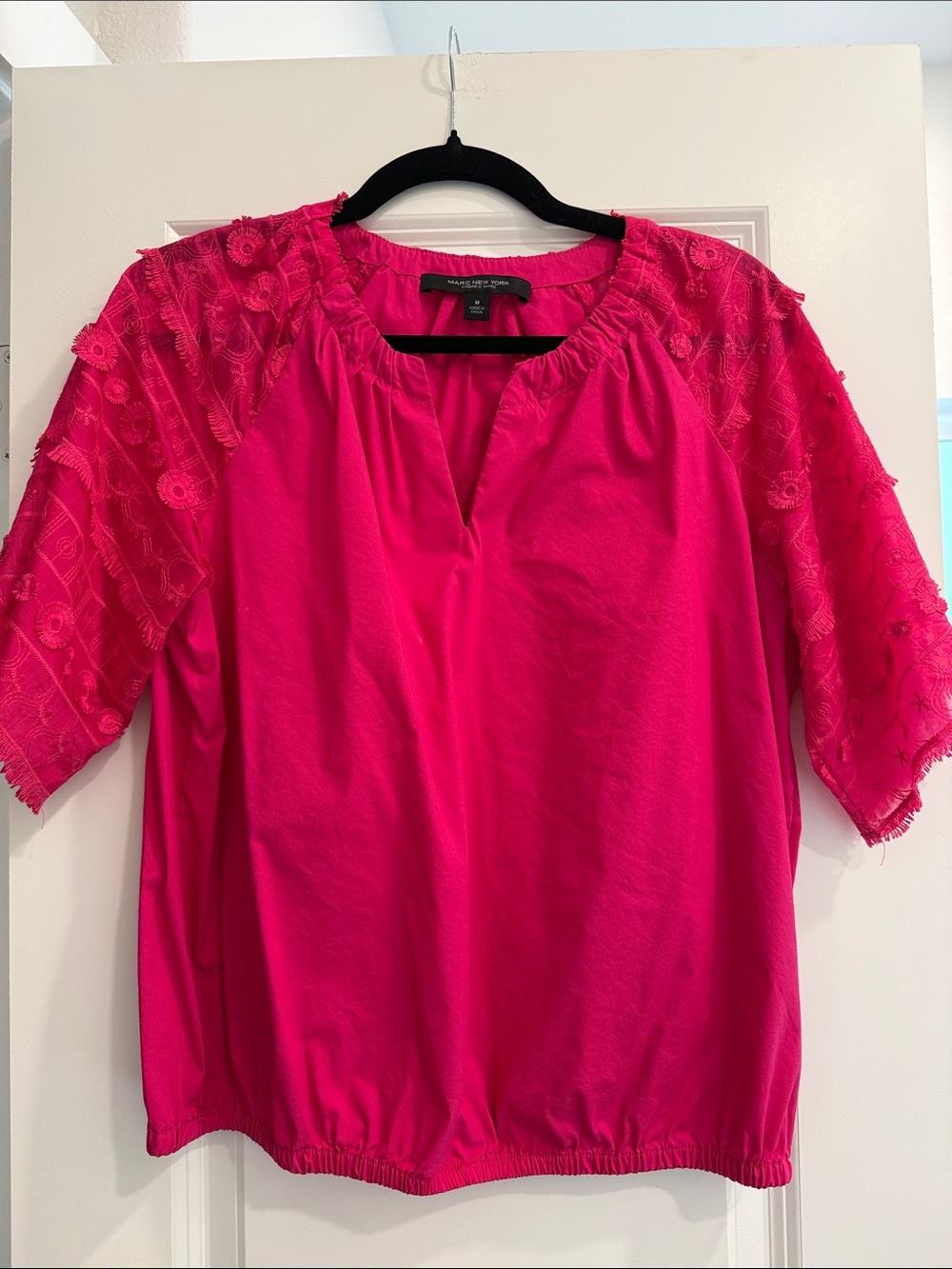 Bright Fuchsia Embroidered Sleeve Peasant Blouse